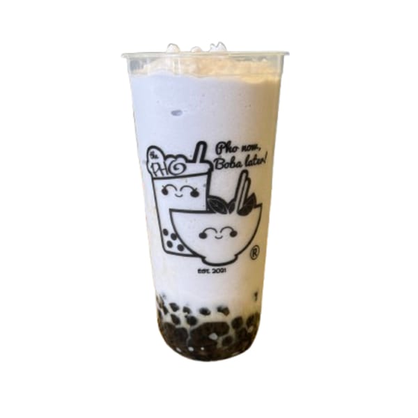 A clear plastic cup of taro boba tea with a "Pho now, Boba later!" logo.