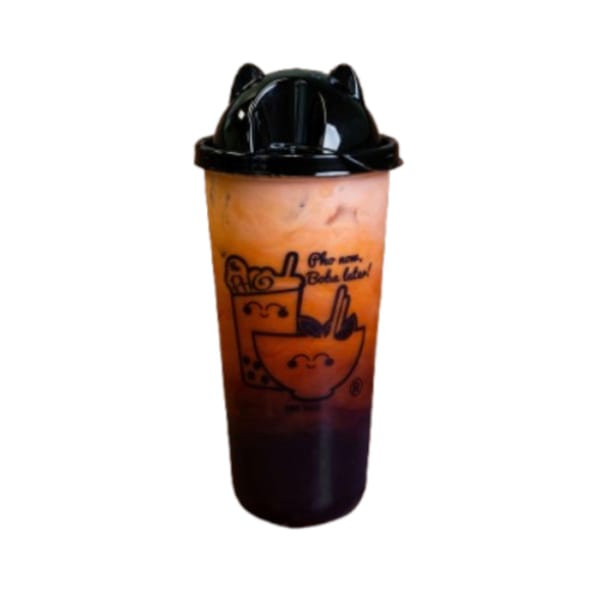 Vietnamese iced tea in a clear cup with a black cat-eared lid and cartoon pho bowl graphic.