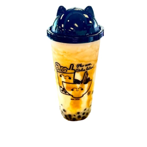 A boba tea with a cat-eared lid, featuring the PHO restaurant logo and tapioca pearls.