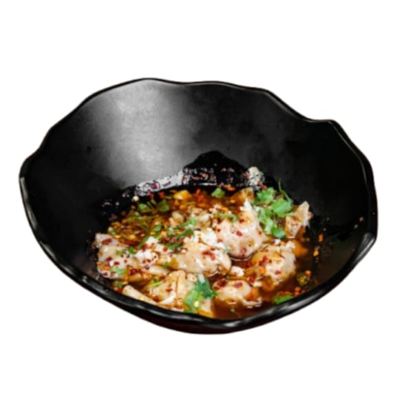 Vietnamese dumplings in a black bowl, garnished with chili flakes and fresh herbs.